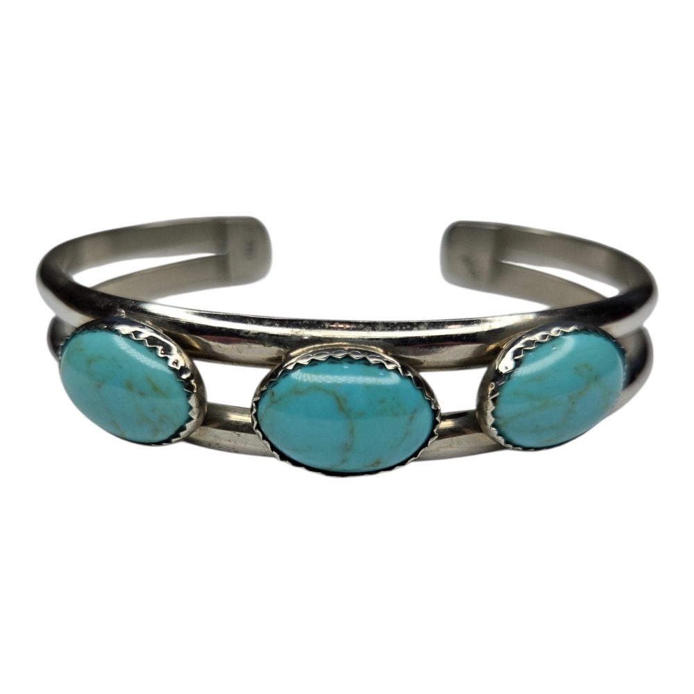 Vintage Cuff Bracelet Sterling Silver Small Blue‎ Turquoise Three Stone Navajo